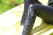 Mara sunbathing and swimming in the pool wearing a supersexy black adidas shiny nylon rainwear (Pics)