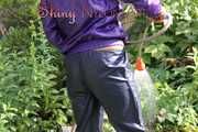 Watching sexy Sandra watering the flowers in the garden and lolling in the sun wearing a sexy blue shiny nylon rain pant and a purple down jacket (Pics)