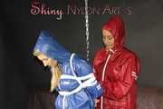 Watching sexy Sandra being tied and gagged overhead with ropes and a clothgag from Stella both wearing sexy shiny nylon AGU rainwear (Pics)