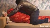 Shiny down sleeping bag fetish and breathplay