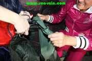 Ronja and Stella destroying shiny nylon rainwear both wearing that stuff (Pics) Part 2