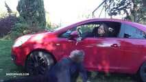 Mistress Cleo smokes and smashes balls with a car Cigarette version