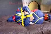 ***HOT HOT HOT*** SANDRA tied with ropes on the floor, gagged with a cloth gag wearing a sexy blue oldschool shiny nylon down suit (Pics)