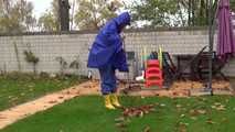 Watching sexy Pia wearing sexy blue shiny nylon rainwear and yellow rubber boots raking leaves (Video)