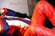 Sonja ties, gagges and hoodes herself on bed wearing a supersexy oldschool shiny nylon downwear (Pics)