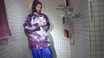 Sexy Sandra during her shaving cream action in the shower wearing a sexy blue shiny nylon rain pants and a shiny nylon purple rain jacket (Video)