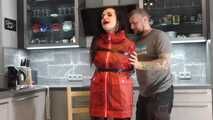 Miss Amira in sexy PVC Catsuit and raincoat bound and gagged (behind the scenes)