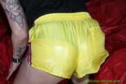 Watch Pia in her special yellow shiny nylon Shorts