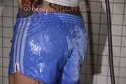 SEXY SANDRA in the shower with a sexy lightblue shiny nylon shorts and a top (Pics)