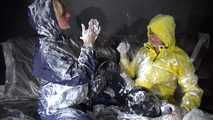 Sexy Sandra and Stella both wearing shiny nylon rainwear playing with shaving cream and eachother (Video)