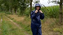 Miss Petra goes for a walk in Farmerrain jacket,  rain dungarees and rubber boots
