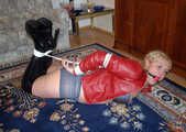 Hogtied in black and red