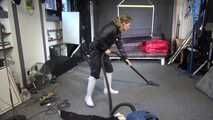 Watch Sandra cleaning the Studio wearing shiny nylon Rainwear and white Rubberboots