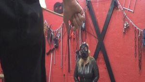 Latex Slave tits treatment with cane