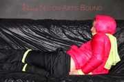 Pia wearing a sexy black rain pants and a pink down jacket being tied and gagged with cloths (Pics)
