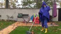 Watching sexy Pia wearing sexy blue shiny nylon rainwear and yellow rubber boots raking leaves (Video)