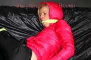 Pia wearing a sexy black rain pants and a pink down jacket being tied and gagged with cloths (Pics)