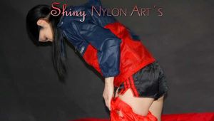 *** HOT HOT HOT*** NEW MODELL*** DESTINY wearing a sexy red shiny nylon rain suit over a black shiny nylon shorts enjoying herself in the cloth (Pics)