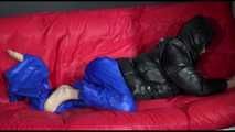 Watching Sonja preparing her sofa wearing a supersexy blue shiny nylon raver pant and a black down jacket (Video)