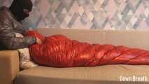 Shiny down sleeping bag fetish and breathplay