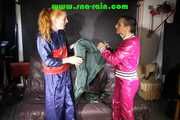 Ronja and Stella destroying shiny nylon rainwear both wearing that stuff (Pics) Part 2