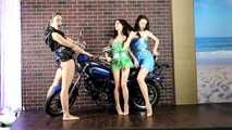 Lucky, Nelly, Xenia - Trio pose on motorbike, one girl ends up hogtied (video)