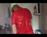 Sonja wearing a sexy red adidas shiny nylon jumpsuit while showering and messing up her clothes with shaving cream (Video)