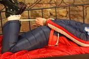 Mara tied, gagged and hooded on a princess bed wearing sexy oldschool downwear in blue/red/white (Pics)