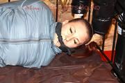 Mara tied, gagged crotchroped and hogtied on a princess bed in an old cellar by Sophie both wearing shiny downwear (Pics)