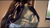 Lucy tied and gagged on a stairway wearing an iceblue down jacket and a new very thin and comfortable adidas pant (Video)