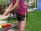 Watch Pia having fun outdoors with her shiny nylon Shorts