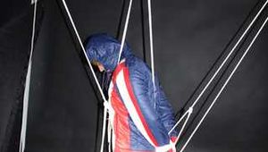 SEXY SONJA tied and gagged with ropes and a clothgag suspended wearing a sexy red/blue downwear combination (Pics)