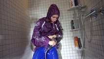 Sexy Sandra during her shaving cream action in the shower wearing a sexy blue shiny nylon rain pants and a shiny nylon purple rain jacket (Video)