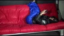 Watching Sonja preparing her sofa wearing a supersexy blue shiny nylon raver pant and a black down jacket (Video)