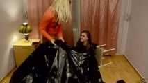 Dana&Mishel - Dana is packed in trash bag and zip tied by Mishel (video)