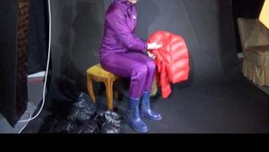 SEXY MARA trying on several shiny nylon rainwear and downwear for you (Video)