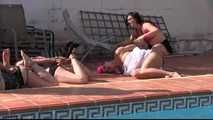 4 Girls captured and hogtied at the Pool Side