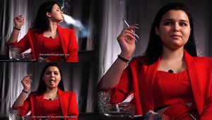 Lady in red Nastya is smoking and giving an interview