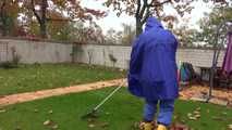 Watching sexy Pia wearing sexy blue shiny nylon rainwear and yellow rubber boots raking leaves (Video)