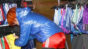 SEXY SONJA wearing a special shiny down jacket, a spandex leggin and a shiny nylon shorts during ordering the cupboard (Pics)