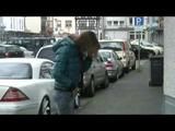 Alina walking on the street cruising around wearing sexy shiny nylon shorts under her jeans and a rain jacket (Video)
