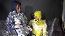 Sexy Sandra and Stella both wearing shiny nylon rainwear playing with shaving cream and eachother (Video)
