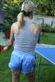 Get some pictures with Maly playing Table Tennis with her shiny nylon Shorts