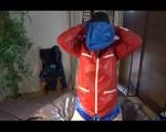 Jill wearing seyx shiny nylon shorts and two rain jackets for double hood herself for a breath control play (Video)