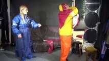 Watching sexy Sandra and Stella putting on several hot shiny nylon rainwear (Video)