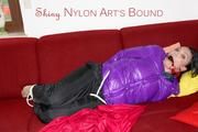 Jill tied, gagged and hooded by Sophie wearing a sexy purple Down jacket and a black rain pants (Pics)