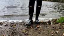 Hunter boots peeping by the wild wanker at the lake