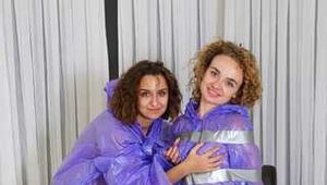 Terry and Vanessa - Terry in raincoat is taped and teased by Vanessa