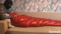 Shiny down sleeping bag fetish and breathplay