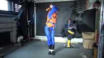 RONJA being tied, gagged and hooded hanging with ropes and a ballgag from Stella both wearing sexy shiny nylon rainwear and Ronja a lifevest (Video)